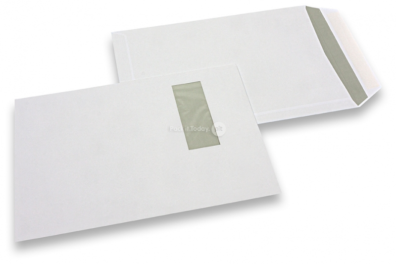 Enveloppes à fenêtre, blanche, 229 x 324 mm (C4), fenêtre à gauche 40 x 110 mm, position de la fenêtre à 20 mm du gauche et à 60 mm du haut, 120 grammes, fermeture gommée