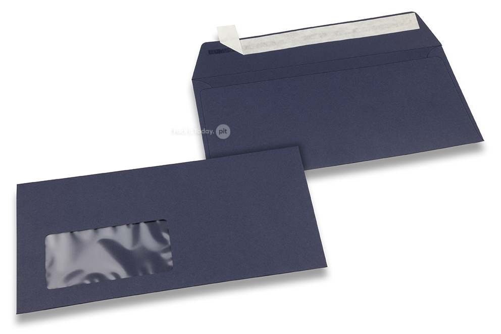 Donkerblauw, vensterenveloppen gekleurd, 110 x 220 mm (DL), venster links, vensterformaat 45 x 90 mm, vensterpositie 20 mm van links / 15 mm van onder, stripsluiting, 120 grams gekleurd papier