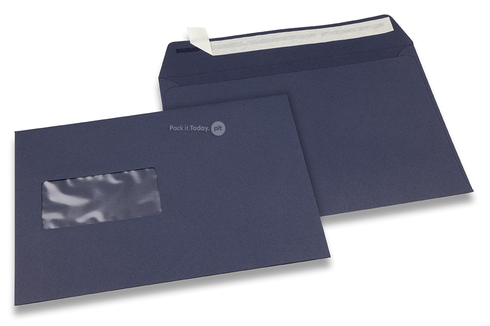 Donker blauw, vensterenveloppen gekleurd, 162 x 229 mm (A5), venster links, vensterformaat 45 x 90 mm, vensterpositie 20 mm van links / 60 mm van onder, stripsluiting, 120 grams gekleurd papier