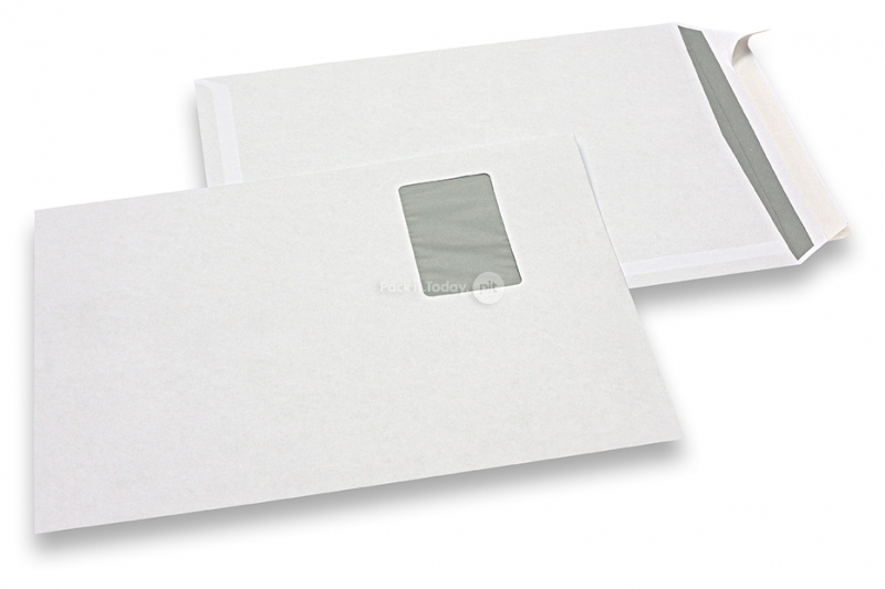 Vensterenveloppen wit budget, 229 x 324 mm, 100 grs., venster links 55 x 90 mm, 20 mm van links, 60 mm van boven, stripsluiting korte zijde