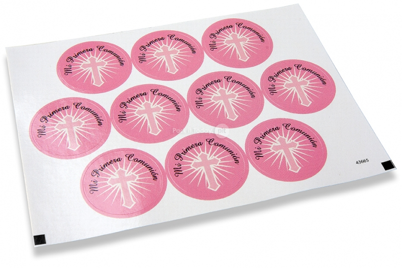 Pastilles adhésives thème communion - mi primera comunión croix rose