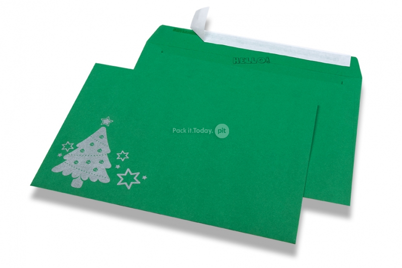 Gekleurde kerst enveloppen - Groen, met kerstboom