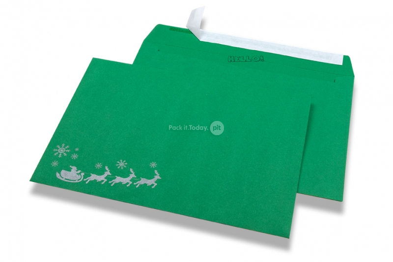 Gekleurde kerst enveloppen - groen, met arreslee