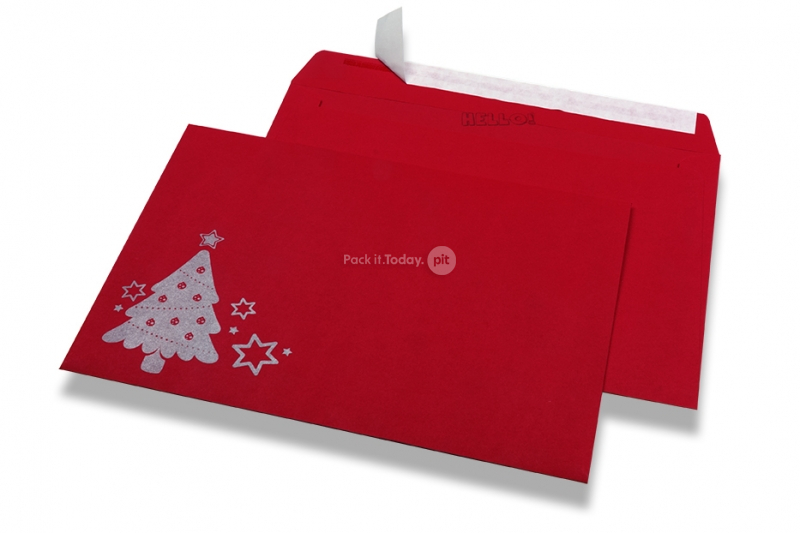 Gekleurde kerst enveloppen - Rood, met kerstboom