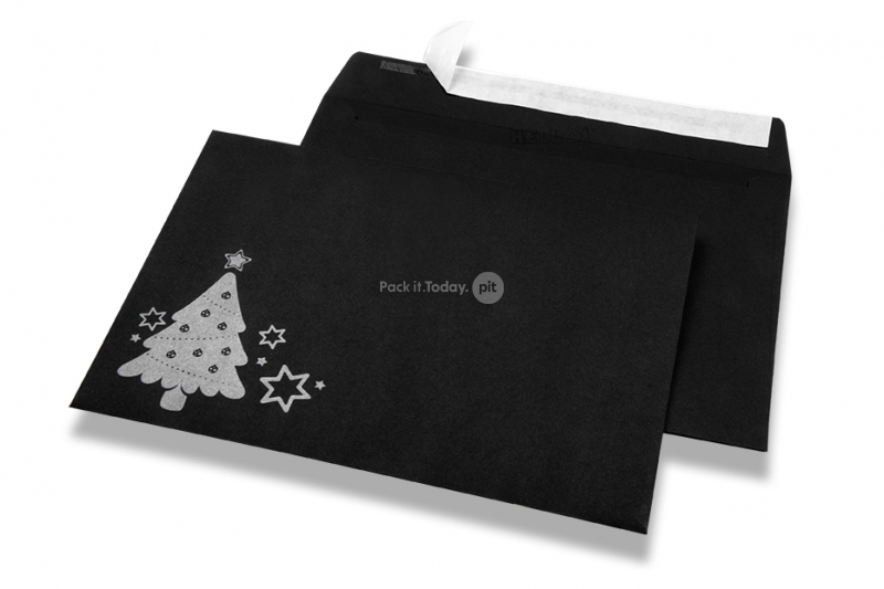 Gekleurde kerst enveloppen - Zwart, met kerstboom