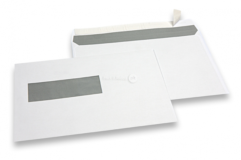 Vensterenveloppen, wit, 162 x 229 mm (C5), venster links 40 x 110 mm, 20 mm van links en 72 mm van onder, 90 grams, stripsluiting, gewicht per stuk ca. 7 gr.