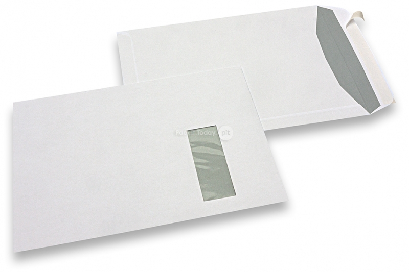 Vensterenveloppen, wit, 229 x 324 mm (C4), venster rechts 40 x 110 mm, vensterpositie 20 mm van rechts en 60 mm vanaf de bovenzijde, 120 grams, stripsluiting, gewicht per stuk ca. 20 gr.