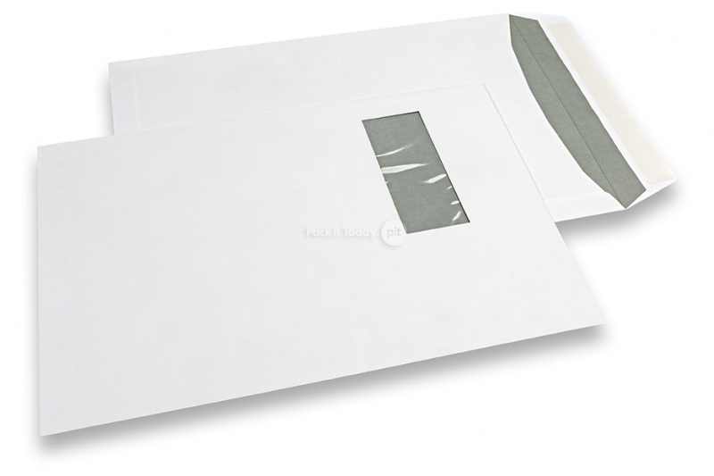 Vensterenveloppen, wit, 240 x 340 mm (EC4), venster links 45 x 110 mm, 25 mm van links en 70 mm van boven, 120 grams, stripsluiting, gewicht per stuk ca. 21 gr.