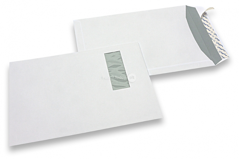 Enveloppes à fenêtre, blanche, 220 x 312 mm (EA4), fenêtre à gauche 40 x 110, position de la fenêtre à 20 mm du gauche et à 50 mm du haut, 120 grammes, bande adhésive