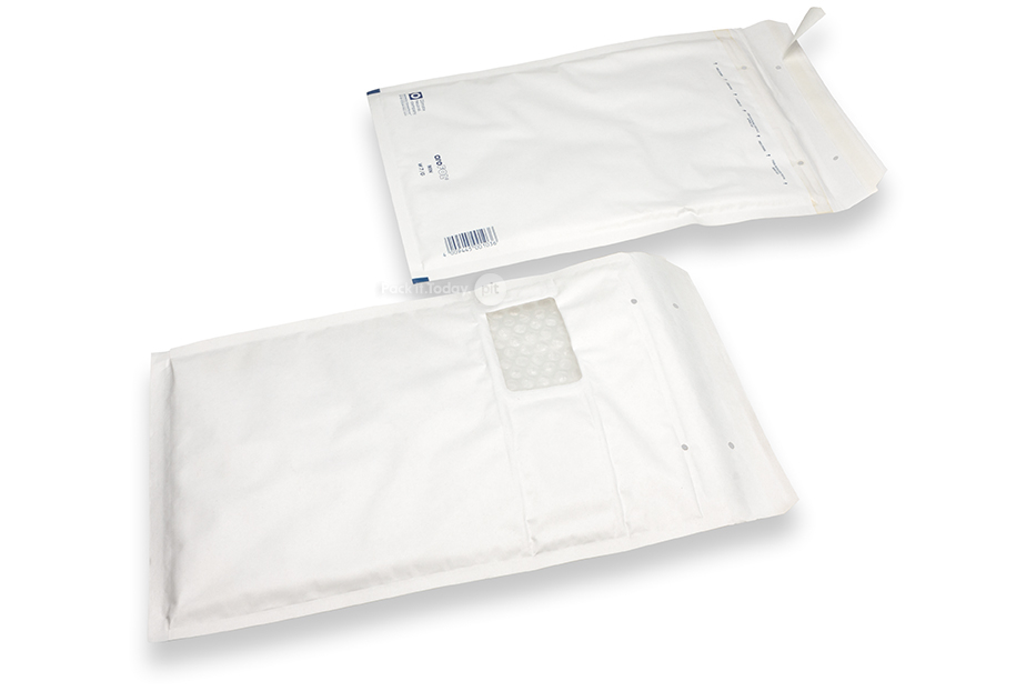 Witte luchtkussen enveloppen met venster - 225 x 340 mm, venster links 55 x 90 mm, 15 mm van links, 70 mm van boven