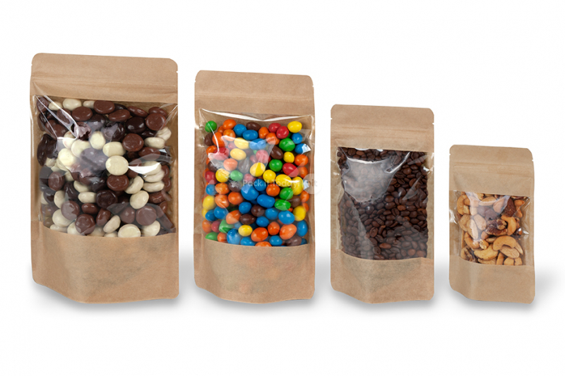 Sachets kraft à fermeture zip avec fenêtre extra large