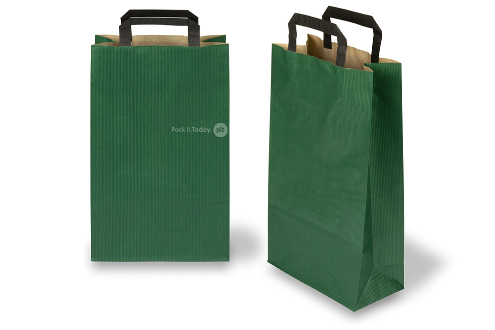 Papieren draagtassen platte handgreep - groen, 220 x 105 x 360 mm