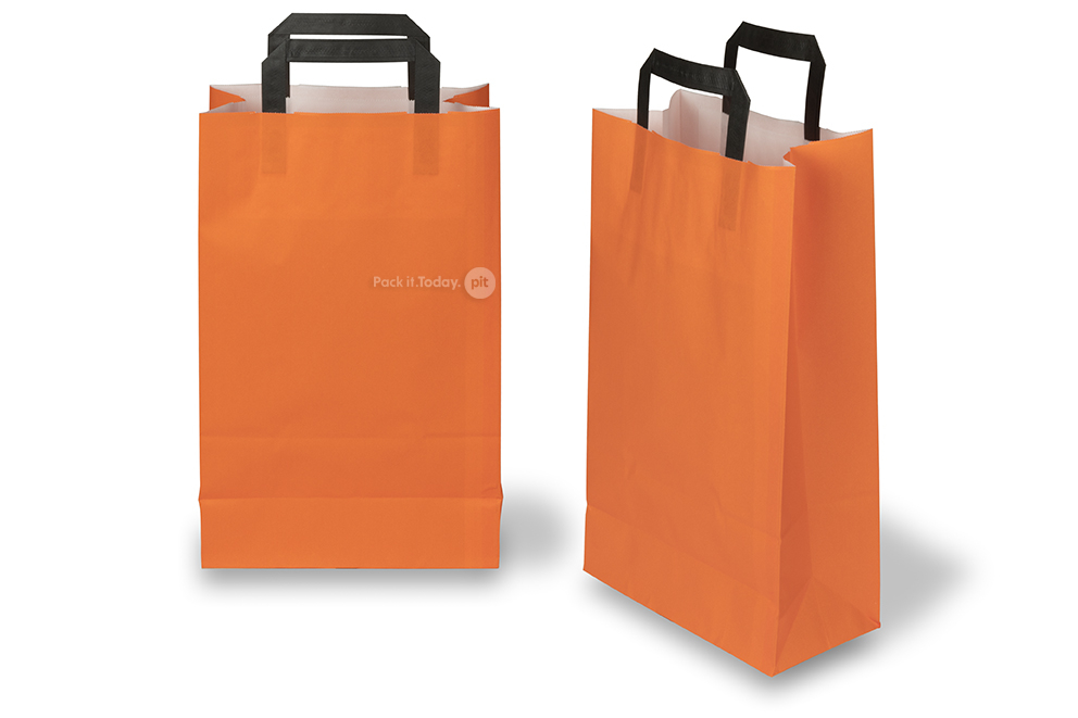 Papieren draagtassen platte handgreep - oranje, 220 x 105 x 360 mm