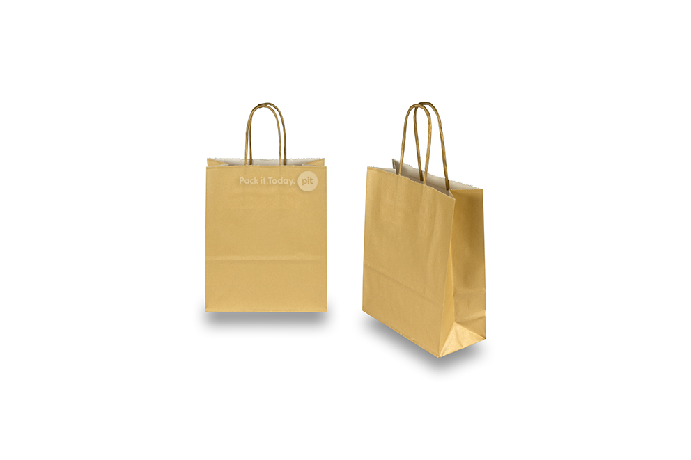 Papieren draagtassen gedraaide handgreep - goud, 180 x 80 x 220 mm, 90 gr