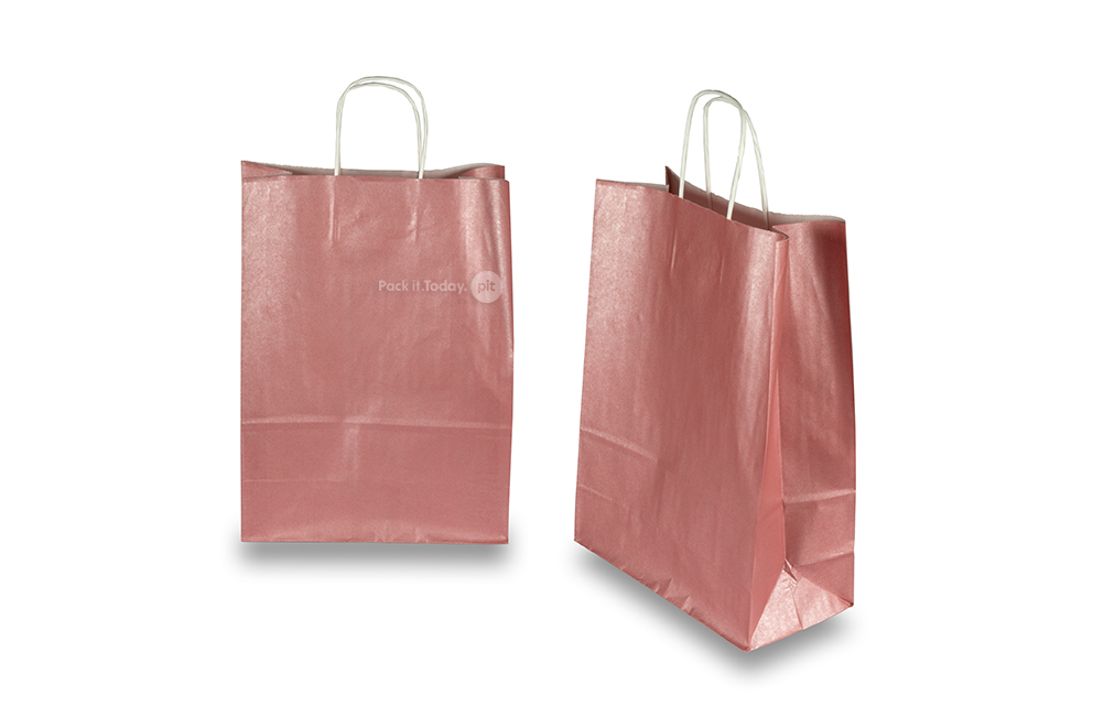 Papieren draagtassen gedraaide handgreep - metallic roze, 260 x 120 x 350 mm, 90 gr
