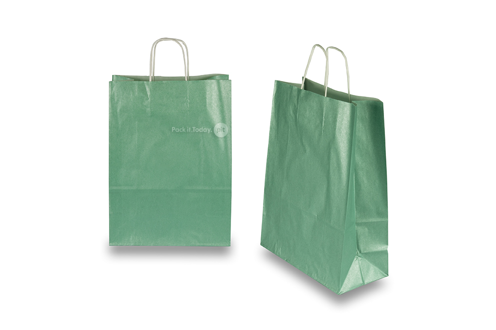 Papieren draagtassen gedraaide handgreep - metallic groen, 260 x 120 x 350 mm, 90 gr